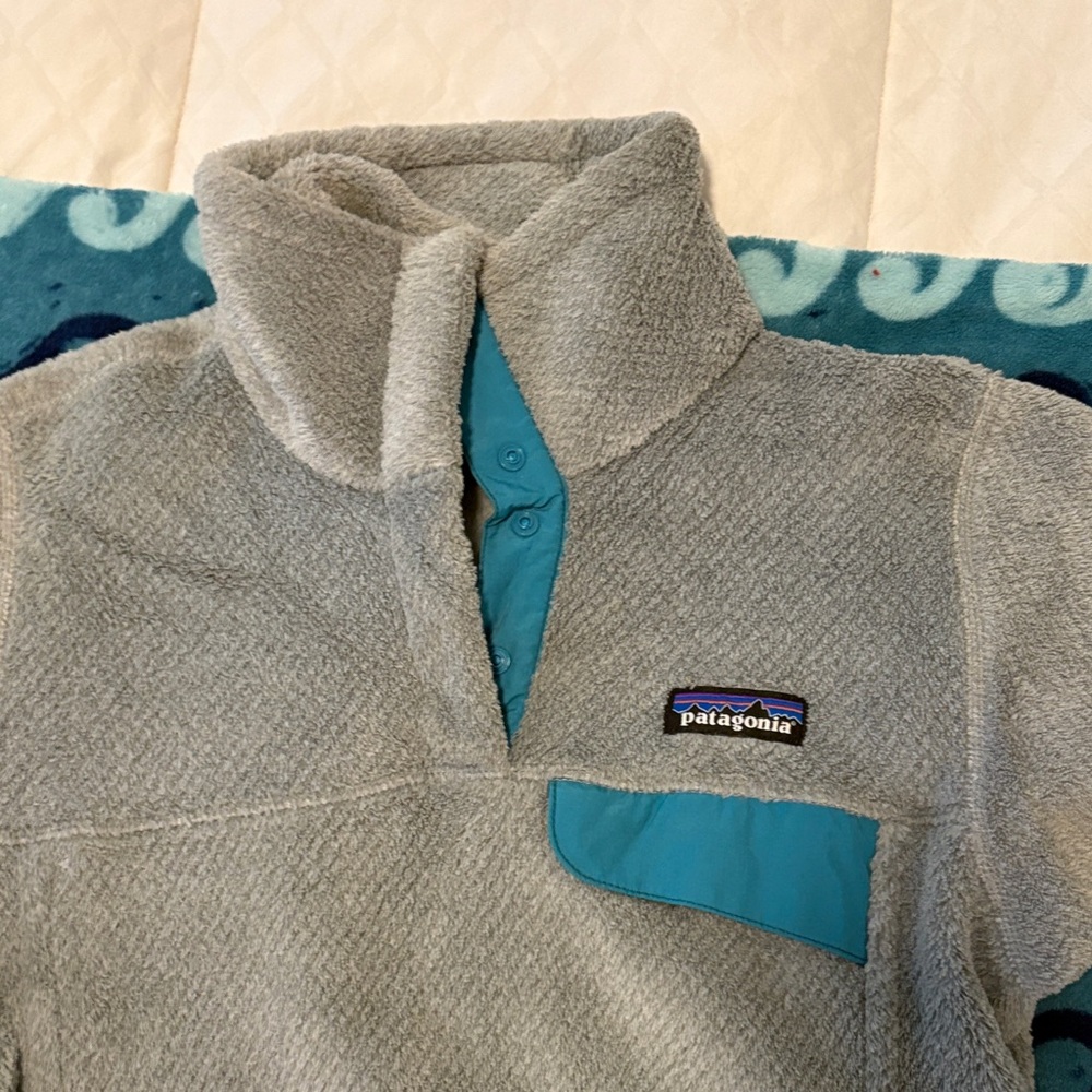 Patagonia Light Gray and Teal Fleece Jacket